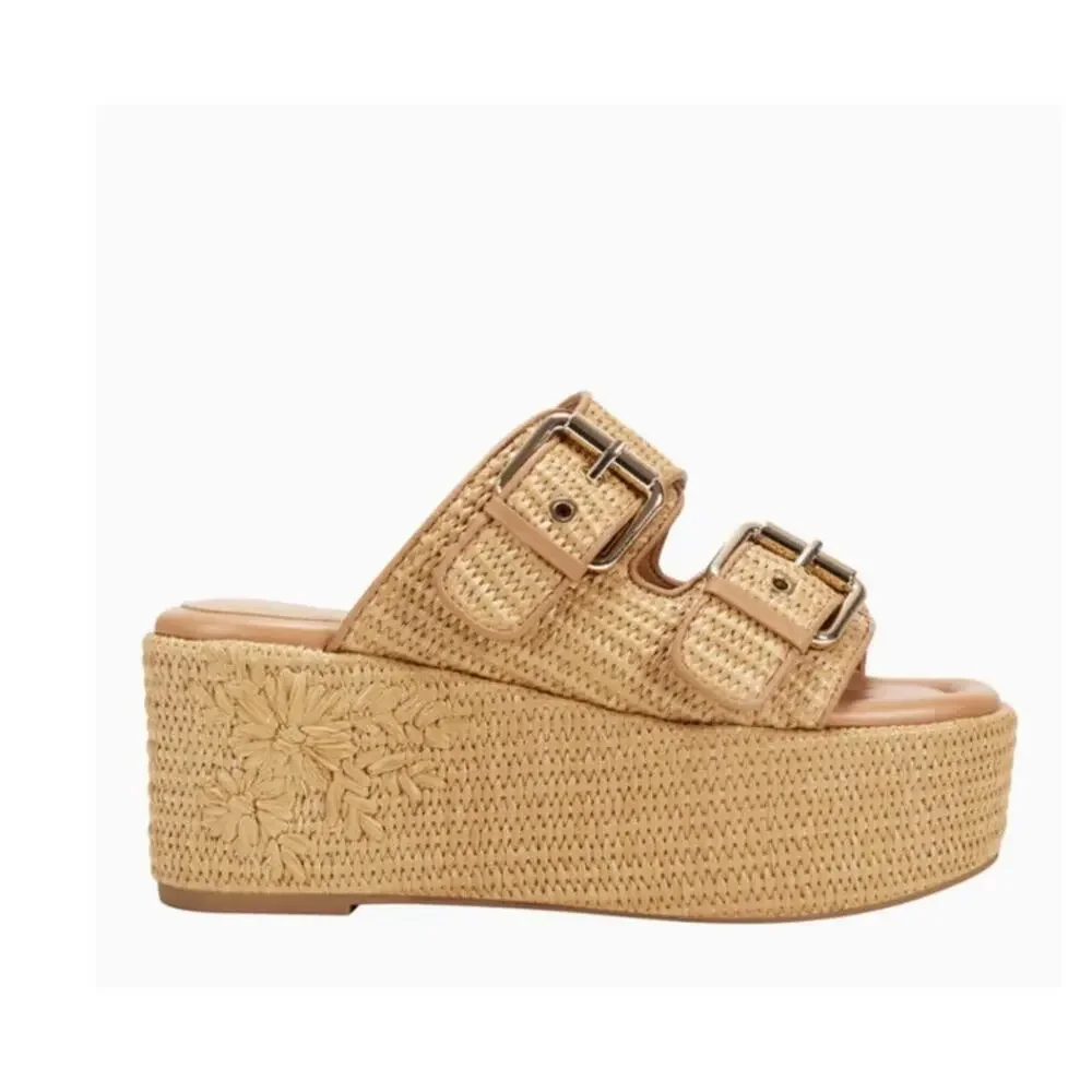 NIB Marc Fischer Poppy Platform Slide Chunky Sandal Natural Raffia 9M